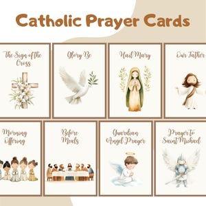 May include: A collection of Catholic prayer cards with watercolor illustrations. The cards feature images of a cross with lilies, a dove, the Virgin Mary, Jesus, and other religious figures. The text "Catholic Prayer Cards" is at the top.