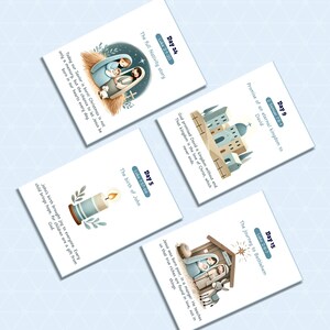 Pu&ograve; includere: Quattro biglietti illustrati con temi religiosi. Ogni biglietto presenta una scena diversa della Bibbia, tra cui la storia della Nativit&agrave;, la nascita di Giovanni e il viaggio a Betlemme. I biglietti hanno testo in stile manoscritto.