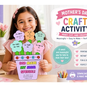 Puede incluir: Una niña sostiene una actividad de manualidades para el Día de la Madre. La manualidad presenta una maceta morada con el texto "GOD MADE MY MOM SPECIAL!" y mensajes en forma de flor. La imagen incluye texto que dice "¡Fácil de hacer!" y "Actividad de manualidades para el Día de la Madre."