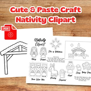 Puede incluir: Clipart de nacimiento imprimible en blanco y negro con el texto "Cute & Paste Craft Nativity Clipart". Incluye imágenes de María, José, los Reyes Magos, un burro y un ángel.