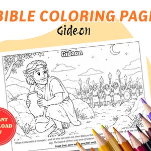 Può includere: Una pagina da colorare biblica in bianco e nero che raffigura Gedeone che tiene in mano una brocca, con un gruppo di soldati che portano torce e trombe sullo sfondo. Il testo recita BIBLE COLORING PAGE, Gideon e include un versetto.