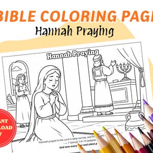 Può includere: Una pagina da colorare della Bibbia in bianco e nero con il testo "BIBLE COLORING PAGE" e "Hannah Praying". L'illustrazione raffigura una scena biblica con figure in abiti, un candelabro e una donna in preghiera. Un cerchio rosso con "INSTANT DOWNLOAD PDF" è in basso a sinistra.