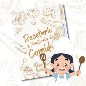 Puede incluir: Un libro de cocina y planificador de comidas titulado "Recetario y Planificador de Comida" con ilustraciones de alimentos. Un chef de dibujos animados sostiene una cuchara y una espátula de madera.
