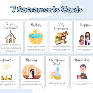 Puede incluir: Juego de siete tarjetas ilustradas tituladas "7 Sacraments Cards". Cada tarjeta representa un sacramento diferente, como el Bautismo y la Sagrada Comunión, con texto adjunto. Las tarjetas presentan ilustraciones coloridas y están diseñadas para la educación religiosa.