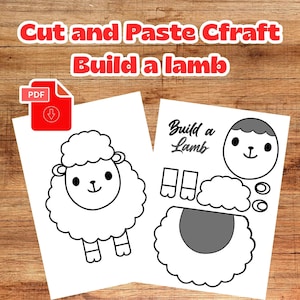Puede incluir: Dos hojas blancas con un proyecto de manualidades para cortar y pegar. El proyecto es construir un cordero. El texto "Cut and Paste Craft" y "Build a lamb" están en la parte superior. Una hoja tiene un dibujo completo de cordero, la otra tiene partes de cordero.