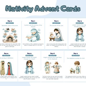 Puede incluir: Tarjetas de Adviento de la Natividad con ilustraciones que representan escenas de la historia de la Natividad. Cada tarjeta presenta un número de día, un versículo bíblico y una breve descripción. Las tarjetas incluyen imágenes de ángeles, pastores y el niño Jesús.