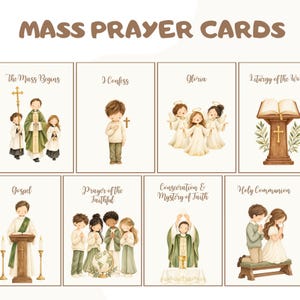 Puede incluir: Un conjunto de ocho tarjetas de oración de misa con ilustraciones en acuarela de figuras religiosas y escenas litúrgicas. Cada tarjeta incluye etiquetas de texto marrón como The Mass Begins, I Confess, Gloria, Liturgy of the Word, Gospel, Prayer of the Faithful, Consecration & Mystery of Faith y Holy Communion.