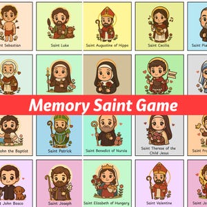 Puede incluir: Un juego de memoria colorido con ilustraciones de santos. Cada carta muestra un santo con su nombre, como San Lucas y Santa Cecilia. El título del juego, "Memory Saint Game", se muestra en texto rojo.