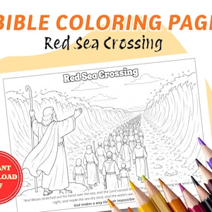 Puede incluir: Una página para colorear de la Biblia en blanco y negro titulada "Red Sea Crossing" con el texto "Bible Coloring Page" en la parte superior. La imagen representa una escena bíblica con Moisés y personas caminando por el mar. Lápices de colores en primer plano.