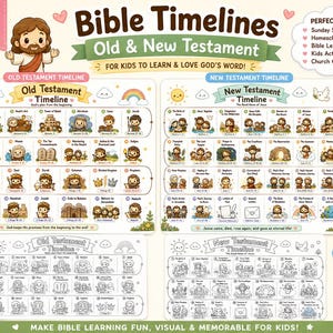 Op de afbeelding: Een bundel bijbelse tijdlijnen voor kinderen met overzichten van het Oude en Nieuwe Testament in kleur en zwart-wit. De educatieve vellen bevatten cartoonillustraties van bijbelse figuren en gebeurtenissen met tekstlabels en verwijzingen.