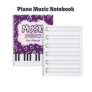 以下が含まれることがあります： 紫色の表紙に音符と「Piano Music Notebook」の文字が入った、スパイラル綴じのピアノ楽譜ノート。 ノートにはピアノの鍵盤のデザインと「MUSIC NOTEBOOK For Pianist」の文字が含まれています。