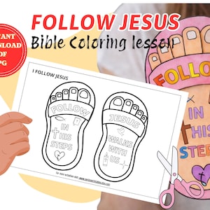 Könnte beinhalten: Eine Bibel-Malvorlage mit dem Text "FOLLOW JESUS". Das Bild zeigt eine druckbare PDF-Datei mit Fußumrissen, den Wörtern "FOLLOW", "JESUS" und "IN HIS STEPS". Ein rosa Fuß-Ausschnitt und eine rosa Schere sind ebenfalls zu sehen.