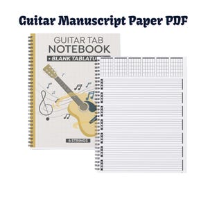 Puede incluir: Un cuaderno de partituras para guitarra con espiral y tapa crema. La portada presenta una ilustración de guitarra y notas musicales. El cuaderno está abierto, mostrando páginas de partituras en blanco. El texto dice "Guitar Tab Notebook".