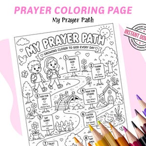Puede incluir: Una página para colorear en blanco y negro titulada "Prayer Coloring Page My Prayer Path" con ilustraciones de niños, una iglesia y un camino con pasos numerados. La página incluye el texto "Instant Download" y está acompañada de lápices de colores.