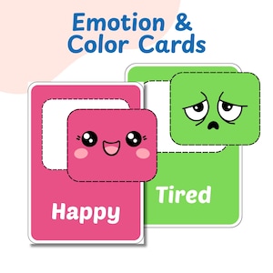 Puede incluir: Tarjetas de Emociones y Colores con una tarjeta rosa etiquetada "Happy" y una tarjeta verde etiquetada "Tired". Cada tarjeta presenta un cuadrado con una emoción correspondiente. La tarjeta "Happy" tiene una cara sonriente, mientras que la tarjeta "Tired" tiene una cara triste.