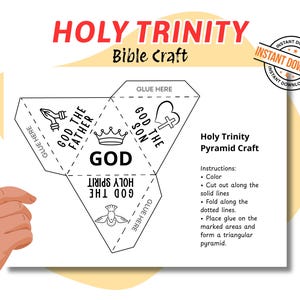 Puede incluir: Una plantilla imprimible de manualidad bíblica de la Santísima Trinidad con diseño de pirámide triangular. La hoja incluye etiquetas para Dios Padre, el Hijo y el Espíritu Santo, junto con iconos de manos en oración, una corona, un corazón y una paloma.