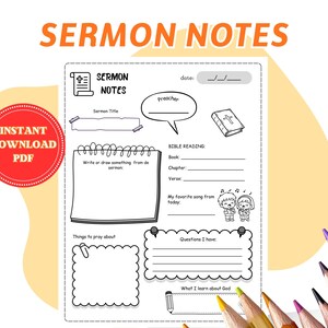 May include: A printable sermon notes worksheet featuring black and white line art, including a Bible icon, a speech bubble for the preacher, and sections for sermon title, date, Bible reading, prayer requests, questions, and notes on God.