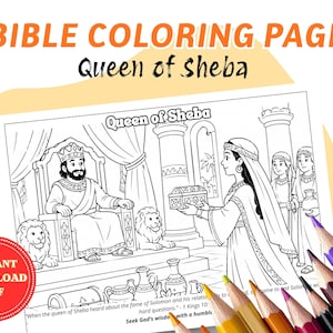 Puede incluir: Una página para colorear de la Biblia en blanco y negro con la Reina de Saba. La imagen incluye el texto "BIBLE COLORING PAGE" y "Queen of Sheba". También hay un círculo rojo con las palabras "INSTANT DOWNLOAD PDF".