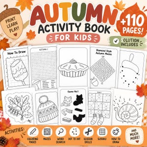 Puede incluir: Un libro de actividades de otoño para niños con 110 páginas de acertijos, incluyendo dibujos, sopas de letras, laberintos, puntos para unir y páginas para colorear. La portada muestra varias hojas de actividades en blanco y negro con temas estacionales como pasteles, caracoles y gorros, rodeadas de hojas de otoño naranjas y amarillas.
