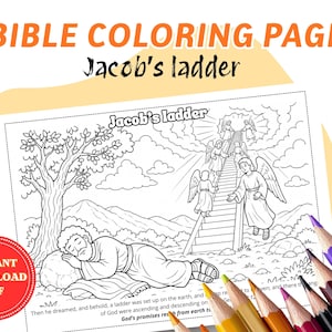 Puede incluir: Una página para colorear de la Biblia en blanco y negro titulada "Escalera de Jacob" con una figura durmiente, ángeles ascendiendo una escalera y texto. La imagen incluye un árbol, montañas y nubes. Lápices de colores en primer plano. Las palabras "Instant Download PDF" también son visibles.