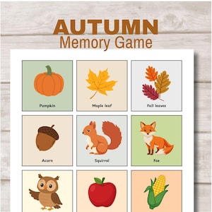 Puede incluir: Una tarjeta de juego de memoria de otoño con una cuadrícula de nueve ilustraciones que incluyen una calabaza, hoja de arce, hojas de otoño, bellota, ardilla, zorro, búho, manzana y maíz, cada una con su etiqueta en texto negro.
