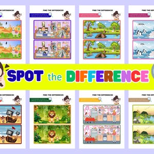 Puede incluir: Una colección de hojas de juego "Encuentra las diferencias". Cada hoja presenta dos imágenes con ligeras variaciones, fomentando las habilidades de observación. El título "Spot the Difference" se muestra en letras grandes y multicolores.