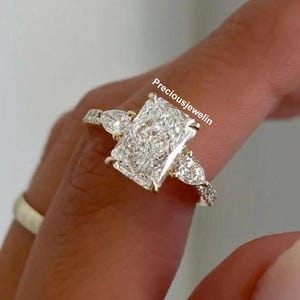 Three Stone 3CT Radiant Cut Moissanite Diamond Ring Pave Setting Engagement Ring 14K Solid Gold Accents Pear Unique Anniversary Gift For Her