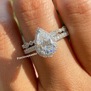 2 CT Pear Cut Moissanite Diamond Halo Set Vintage Bridal Set 14K White Gold Half Eternity Band Pave Setting Luxury Anniversary Gift For Her