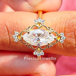 Marquise Cut Moissanite Engagement Ring 14K Gold Wedding Ring Vintage Ring Filigree Setting Unique Ring Proposal Ring For Her Promise Ring