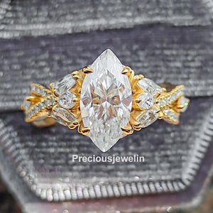1.5 CT Marquise Cut Moissanite Engagement Ring Nature Inspired Moissanite Diamond Ring Floral Style Wedding Ring 14K Solid Gold Ring