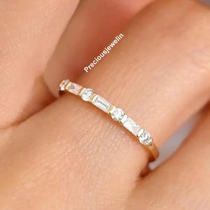 Baguette And Round Cut Moissanite Diamond Band Engagement Band 14K Gold Band Half Eternity Band Stackable Band Anniversary Gift For Women