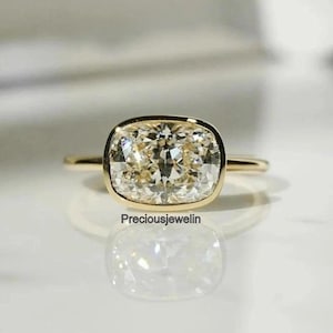 East West 3CT Elongated Cushion Cut Moissanite Diamond Ring Bezel Set Ring Cushion Cut Solitaire Ring Engagement Ring 14K Gold Wedding Ring