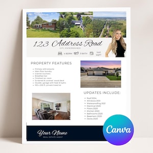 May include: A real estate listing feature sheet with the address "123 Address Road" and property details. The sheet includes property features, updates, and a photo of a woman. The sheet is editable in Canva and measures 8.5" x 11".