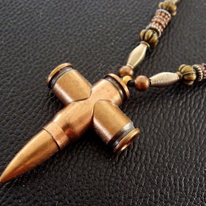 Brass BULLET CROSS PENDANT Necklace Trench Art Jewelry - Real Bullets - with Beadwork by Stoinoff