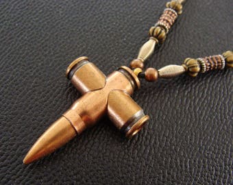 Brass BULLET CROSS PENDANT Necklace Trench Art Jewelry - Real Bullets - with Beadwork by Stoinoff