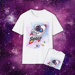 Astronaut Rocket T-Shirt Cute Space Graphic Tee Galaxy Cartoon Shirt Outer Space Aesthetic Gift