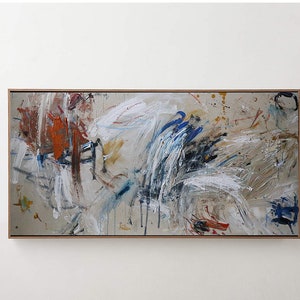 May include: Abstract painting with white, blue, and brown paint strokes on a canvas. The painting has a textured surface and a modern style.