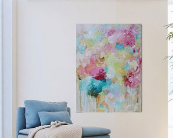 May include: Abstract painting with pink, blue, and yellow colors. The painting has a textured, layered look and features a drip effect.