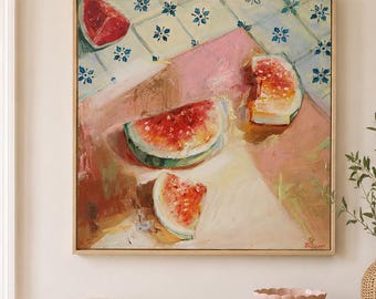 Watermelon Still Life Painting, Food Wall Art, 30x30 inch