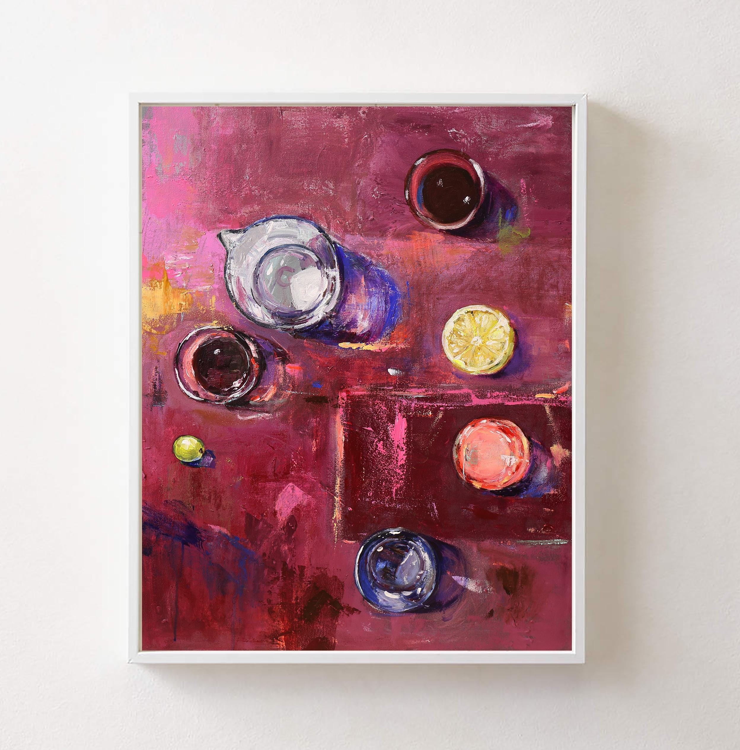 still life,violet,crimson ,glass cup,pink painting,food painting,Food Wall Art,beverage painting,