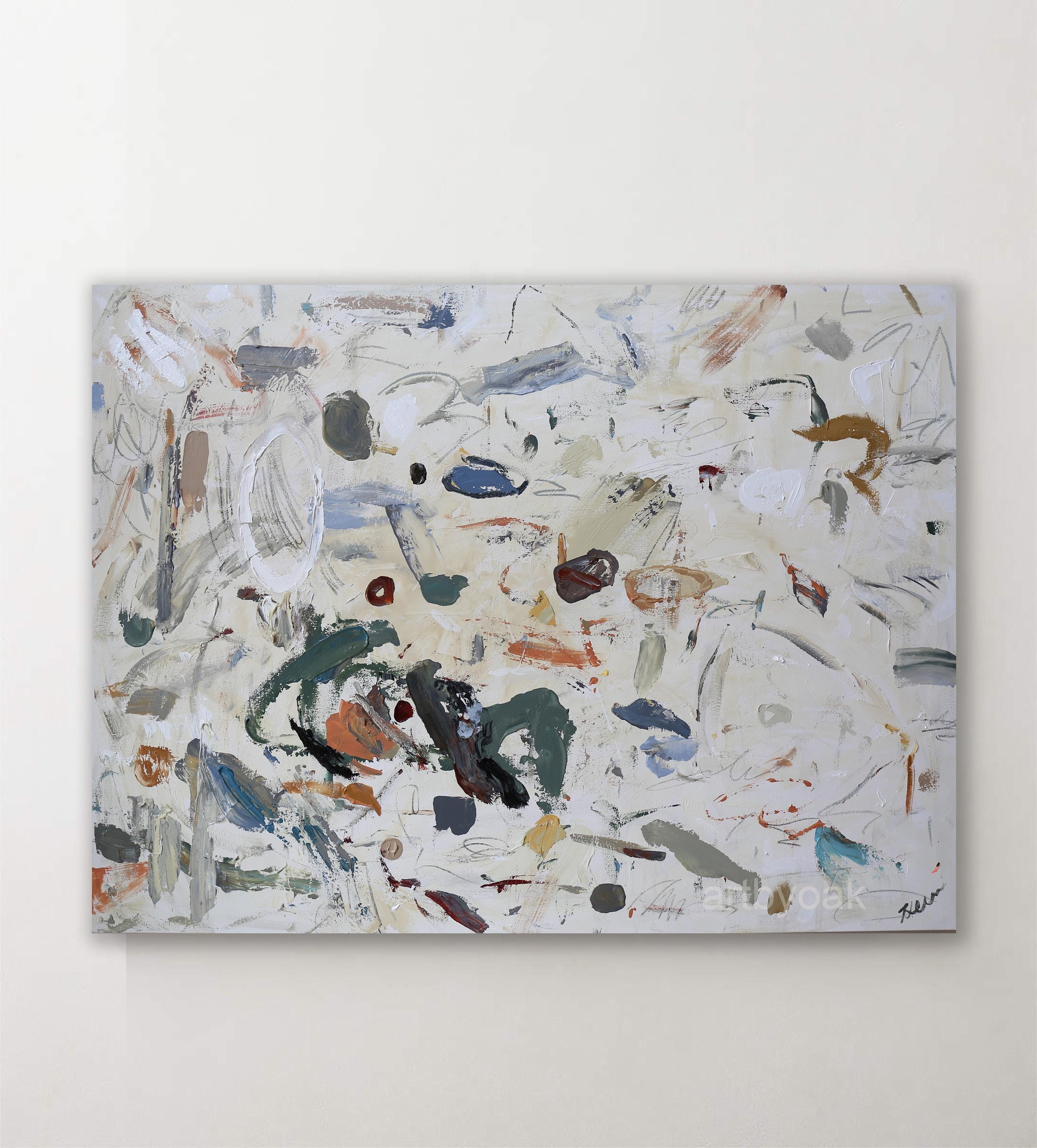 オリジナル抽象アクリル画、アイボリー＆グリーン、36x48 - Etsy 日本