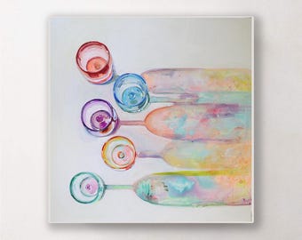colorful wine glasses,dining room wall art,glasses painting,Food Wall Art, glass cup ,Ready to hang,beverage painting