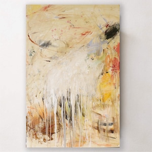 May include: Abstract painting with a white, yellow, and orange color scheme. The painting has a textured surface and a dripping effect.