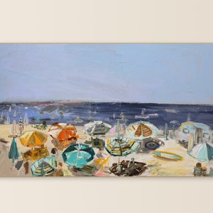 May include: A painting of a beach scene with colorful umbrellas, people, and a camper van. The beach is sandy and the water is blue. The sky is light blue and there are white clouds.