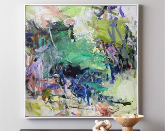 Green and Blue Abstract Painting on Canvas, Modern Art (36x36 inch)