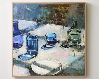 still life painting,Contemporary art,blue abstract,original  painting,Modern Art ,small Abstract painting,beverage abstract,Food Wall Art