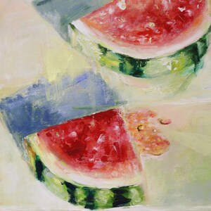 May include: An oil painting depicting two triangular slices of watermelon with vibrant red flesh, dark seeds, and green striped rinds. The composition features visible brushstrokes and a light-coloured background with blue shadows cast by the fruit.