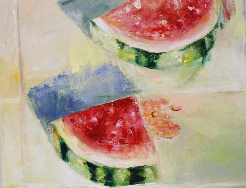 May include: An oil painting depicting two triangular slices of watermelon with vibrant red flesh, dark seeds, and green striped rinds. The composition features visible brushstrokes and a light-coloured background with blue shadows cast by the fruit.