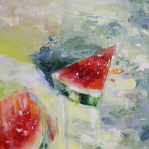 May include: An oil painting on canvas featuring two triangular slices of watermelon with vibrant red flesh, dark seeds, and green rinds. The background is composed of loose, textured brushstrokes in shades of light green, yellow, and white.