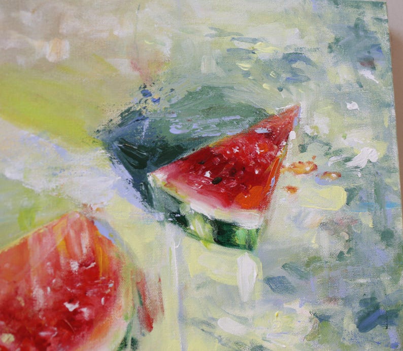 May include: An oil painting on canvas featuring two triangular slices of watermelon with vibrant red flesh, dark seeds, and green rinds. The background is composed of loose, textured brushstrokes in shades of light green, yellow, and white.